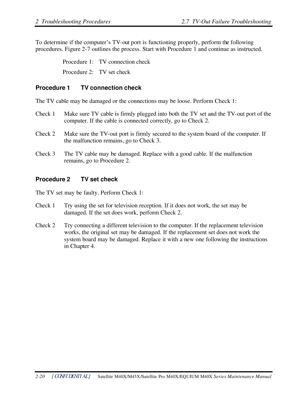 Toshiba Satellite M40X manual Troubleshooting Procedures TV-Out Failure Troubleshooting, Procedure 1 TV connection check 