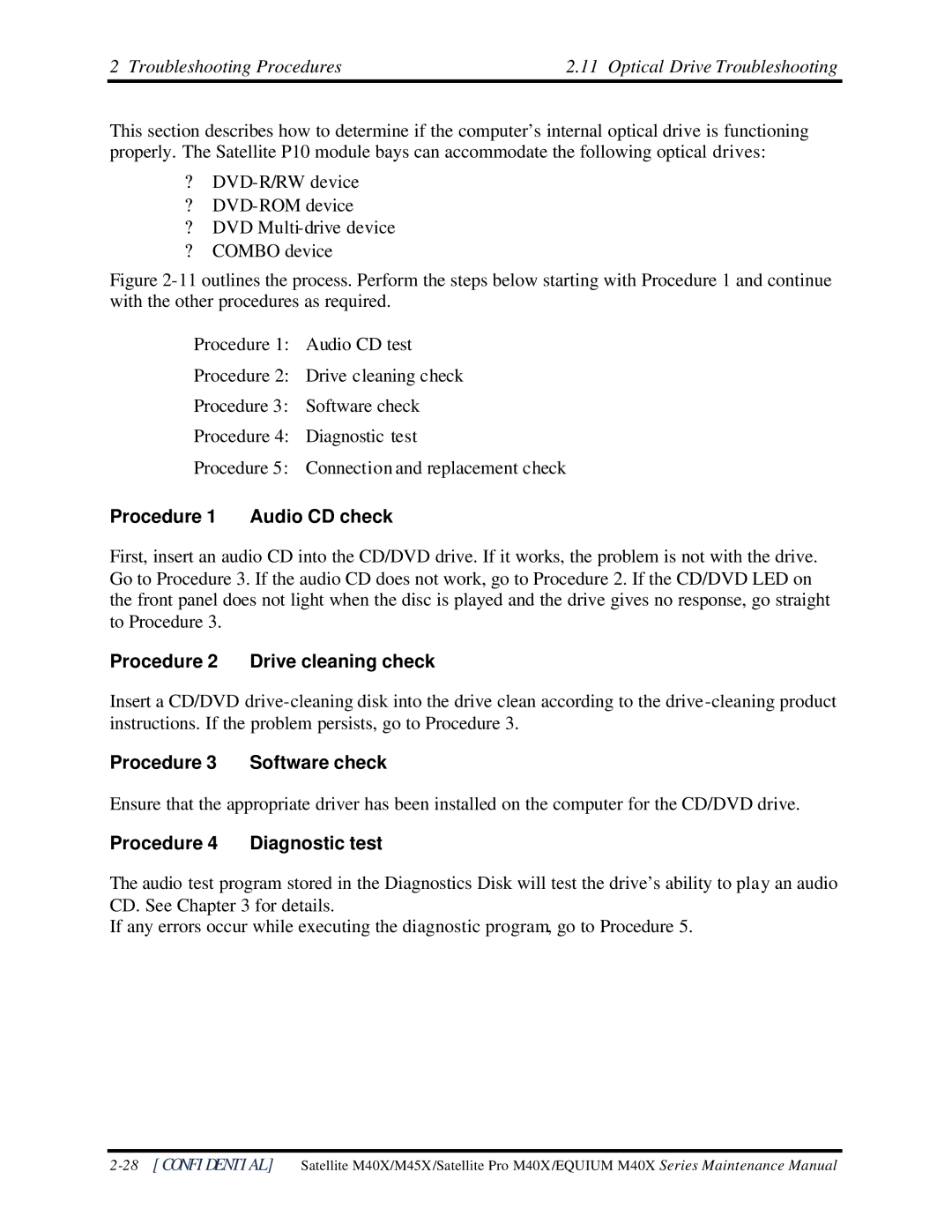 Toshiba Satellite M40X manual Troubleshooting Procedures Optical Drive Troubleshooting, Procedure 1 Audio CD check 