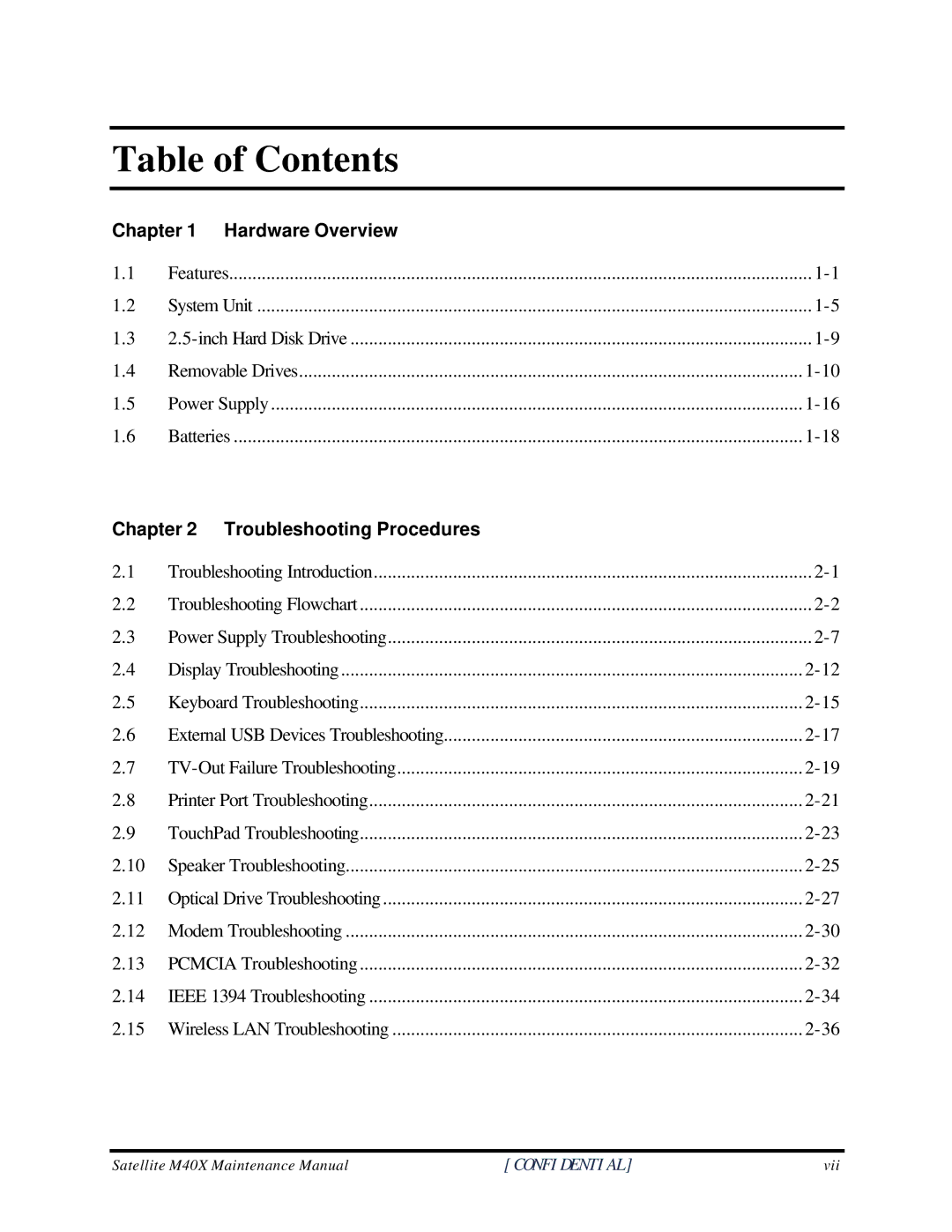 Toshiba Satellite M40X manual Table of Contents 