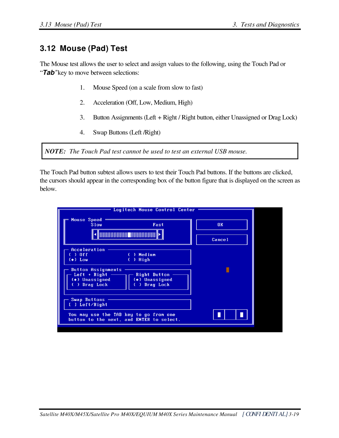 Toshiba Satellite M40X manual Mouse Pad Test Tests and Diagnostics 