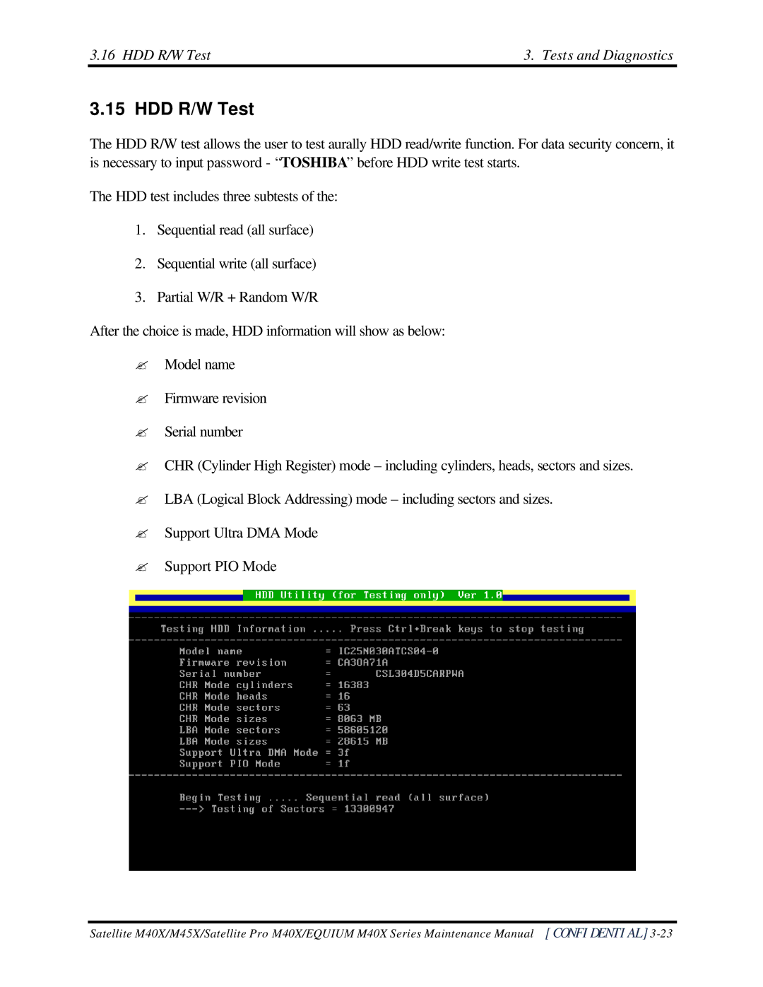 Toshiba Satellite M40X manual HDD R/W Test Tests and Diagnostics 