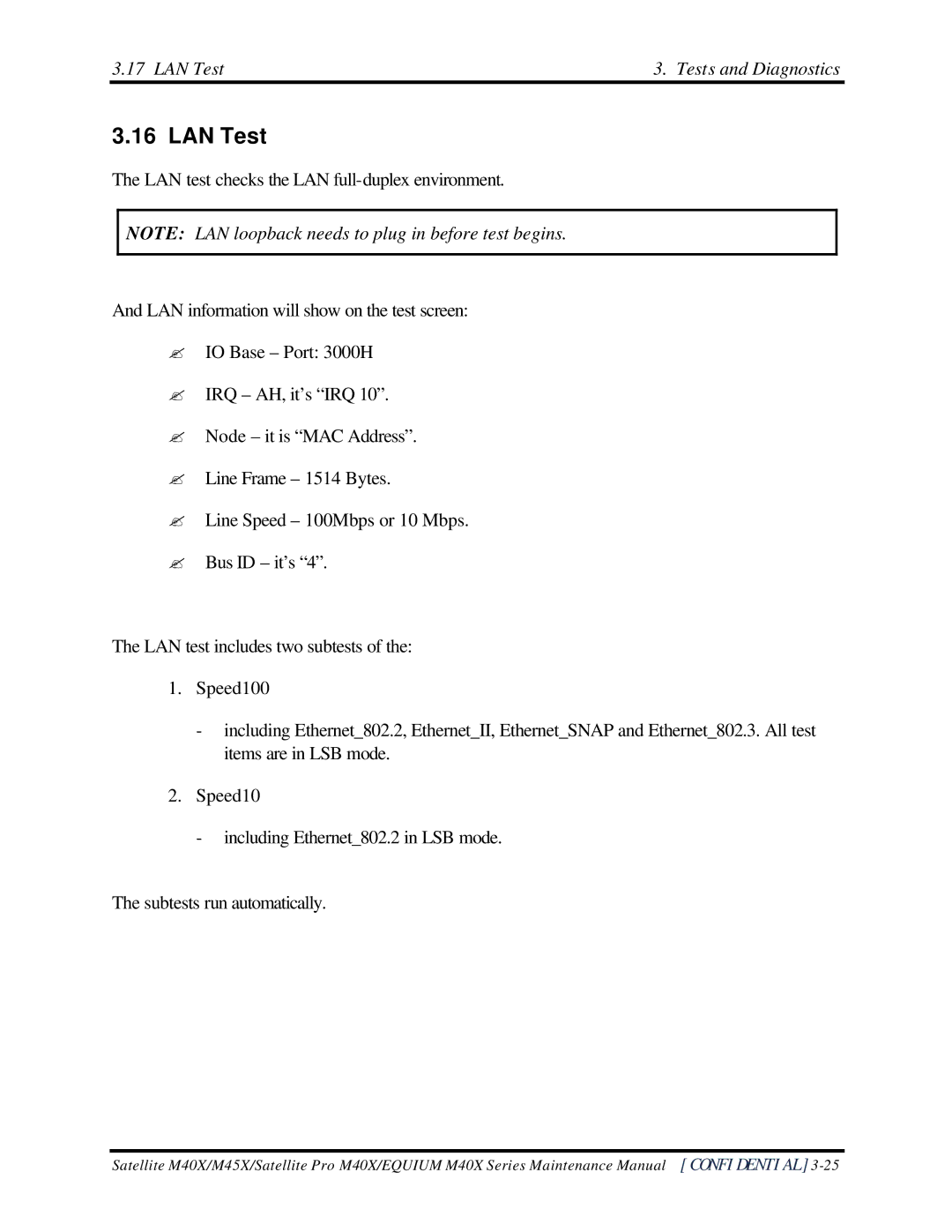 Toshiba Satellite M40X manual LAN Test Tests and Diagnostics 