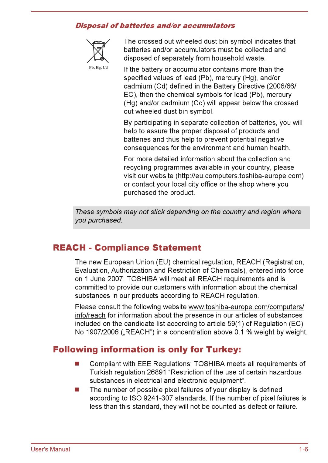 Toshiba satellite NB10-A/NB10t-A user manual Reach Compliance Statement, Following information is only for Turkey 