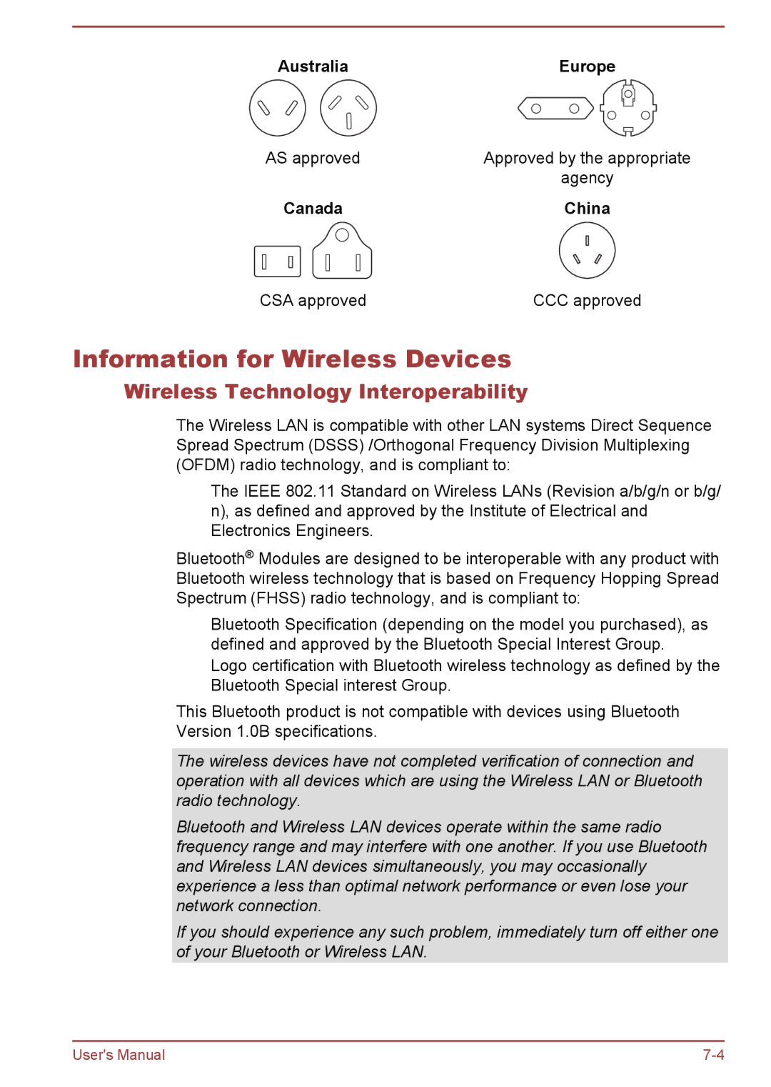 Toshiba Satellite Pro NB10-A/NB10t-A Information for Wireless Devices, Wireless Technology Interoperability, Canada China 