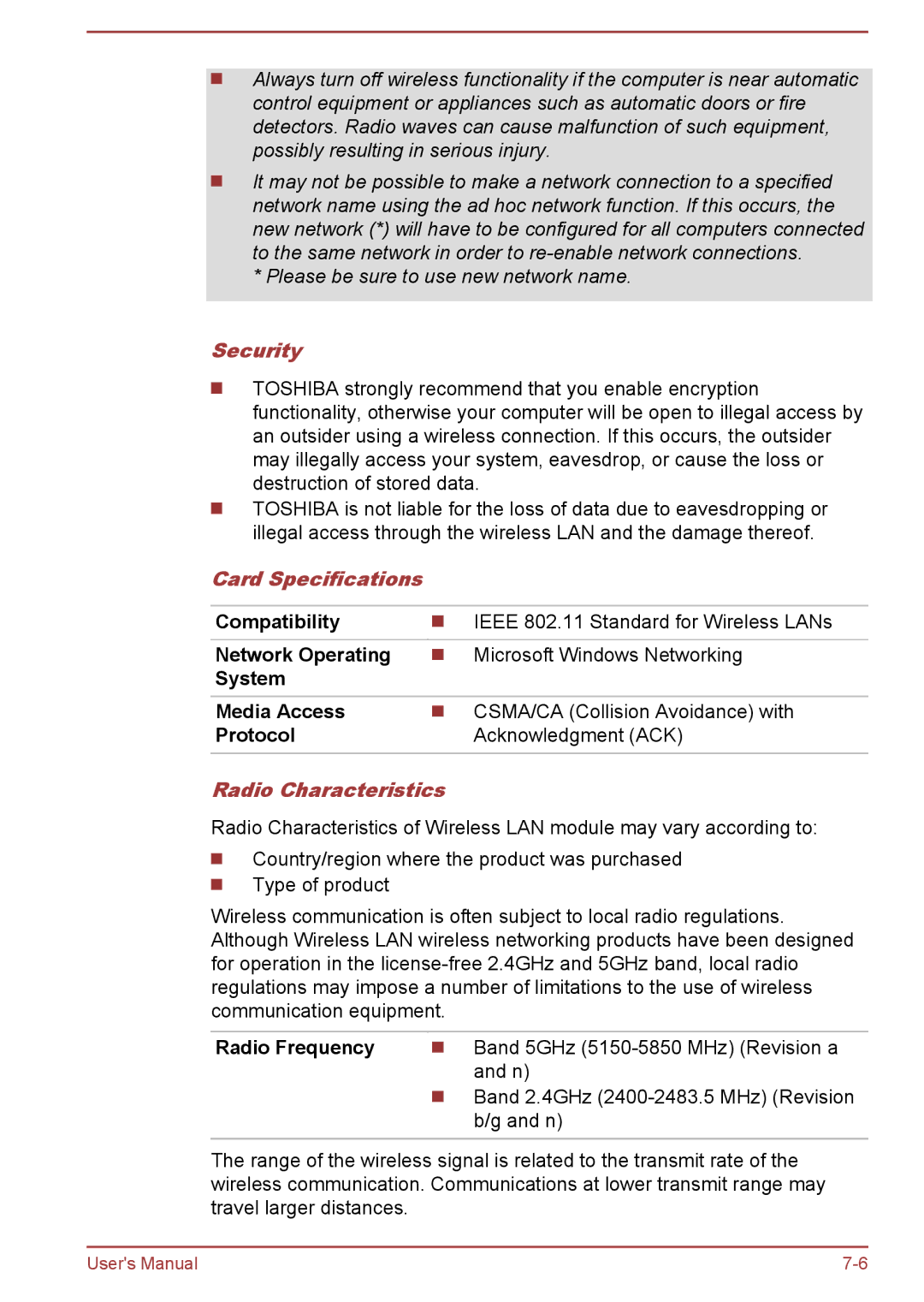 Toshiba Satellite Pro NB10-A/NB10t-A user manual Security, Card Specifications, Radio Characteristics, Radio Frequency 