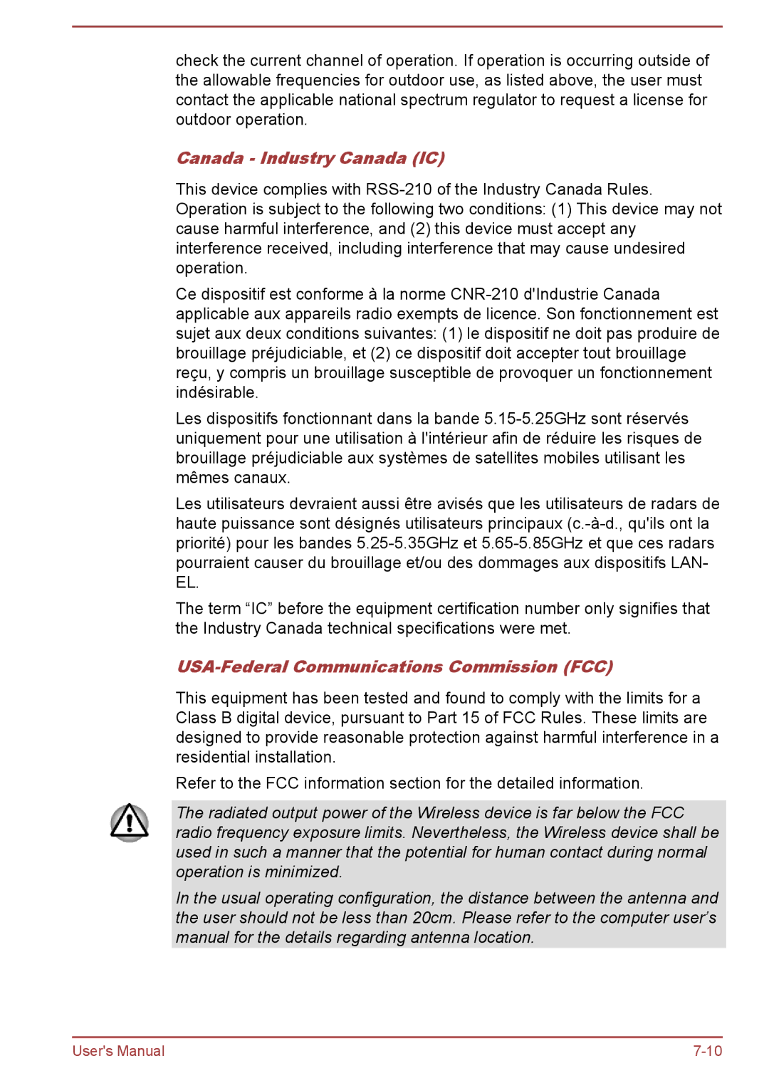 Toshiba Satellite Pro NB10-A/NB10t-A user manual Canada Industry Canada IC, USA-Federal Communications Commission FCC 