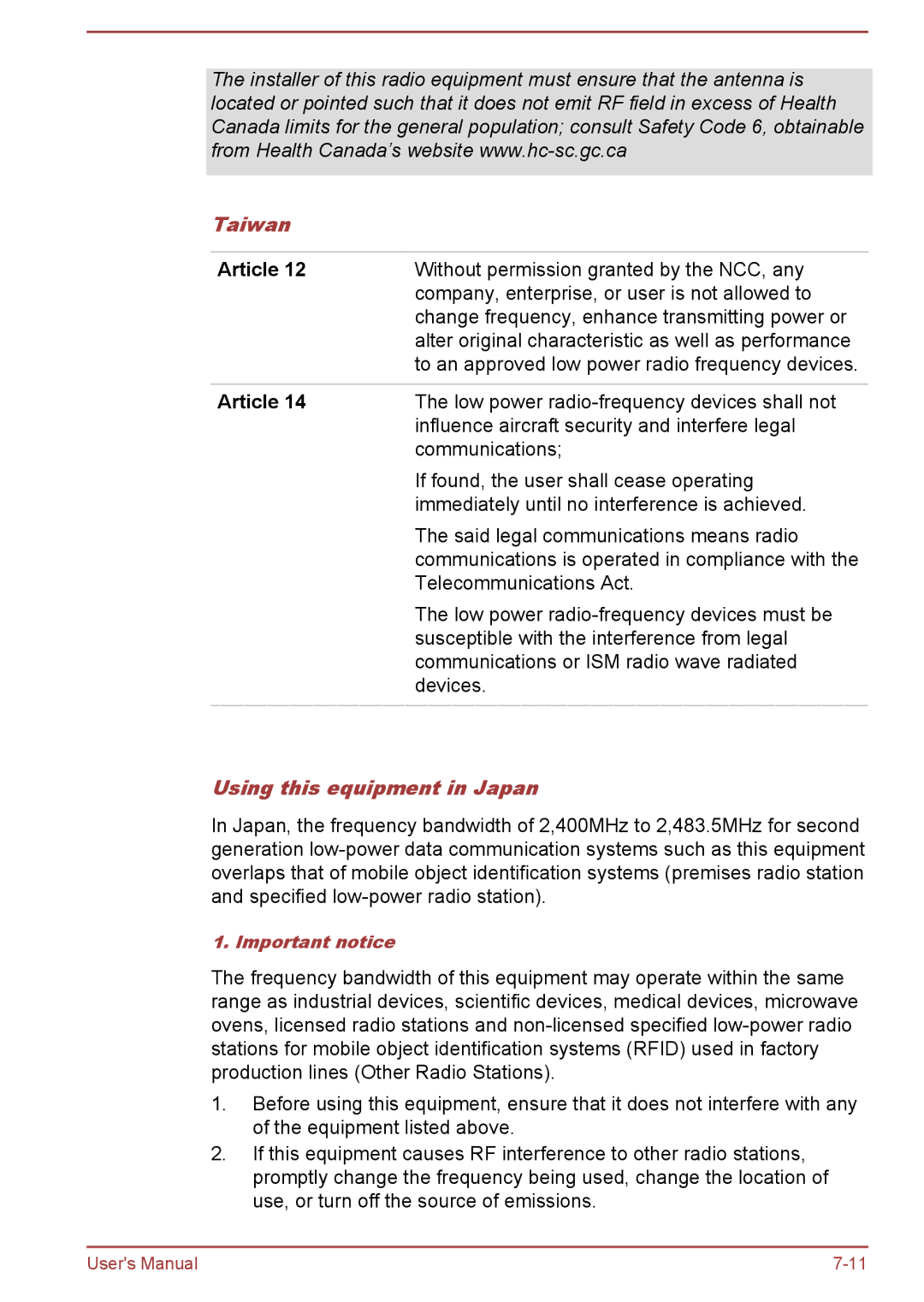 Toshiba satellite NB10-A/NB10t-A, Satellite Pro NB10-A/NB10t-A user manual Taiwan, Article, Using this equipment in Japan 