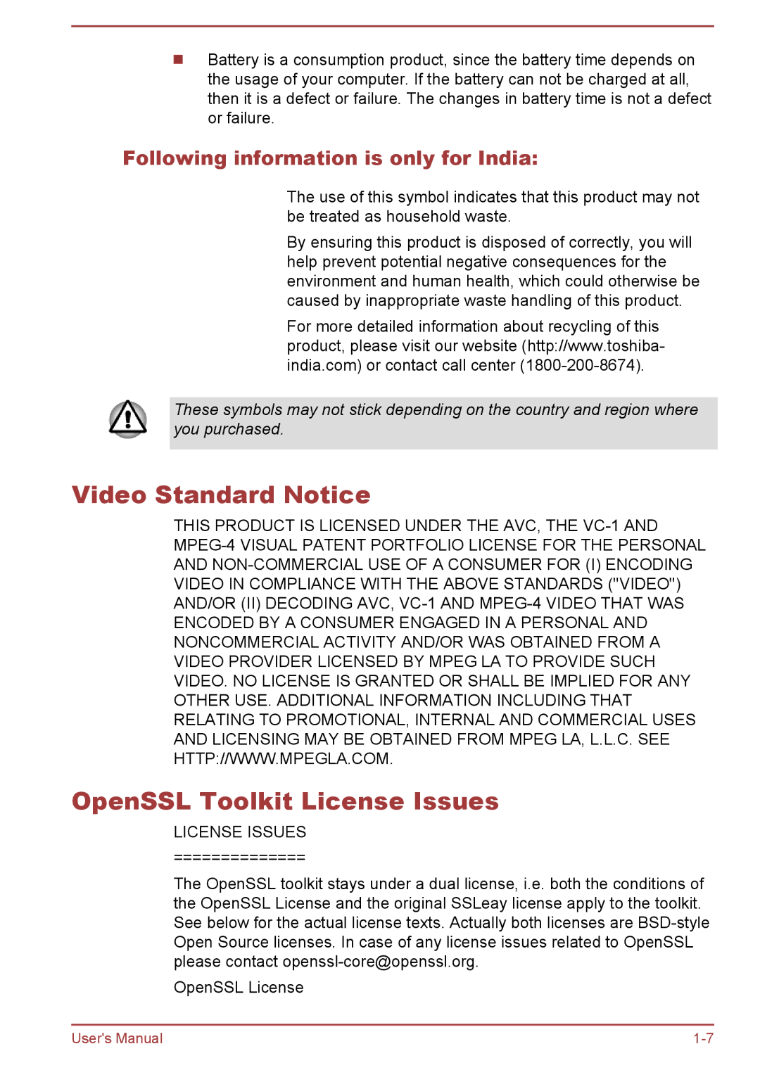 Toshiba Satellite Pro NB10-A/NB10t-A, satellite NB10-A/NB10t-A Video Standard Notice OpenSSL Toolkit License Issues 