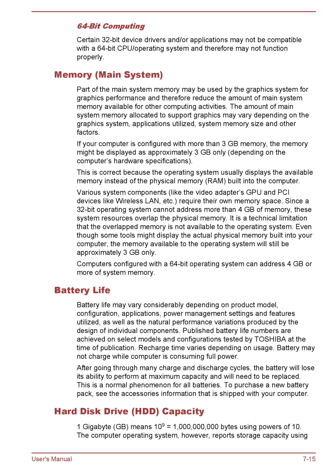 Toshiba satellite NB10-A/NB10t-A user manual Memory Main System, Battery Life, Hard Disk Drive HDD Capacity, Bit Computing 