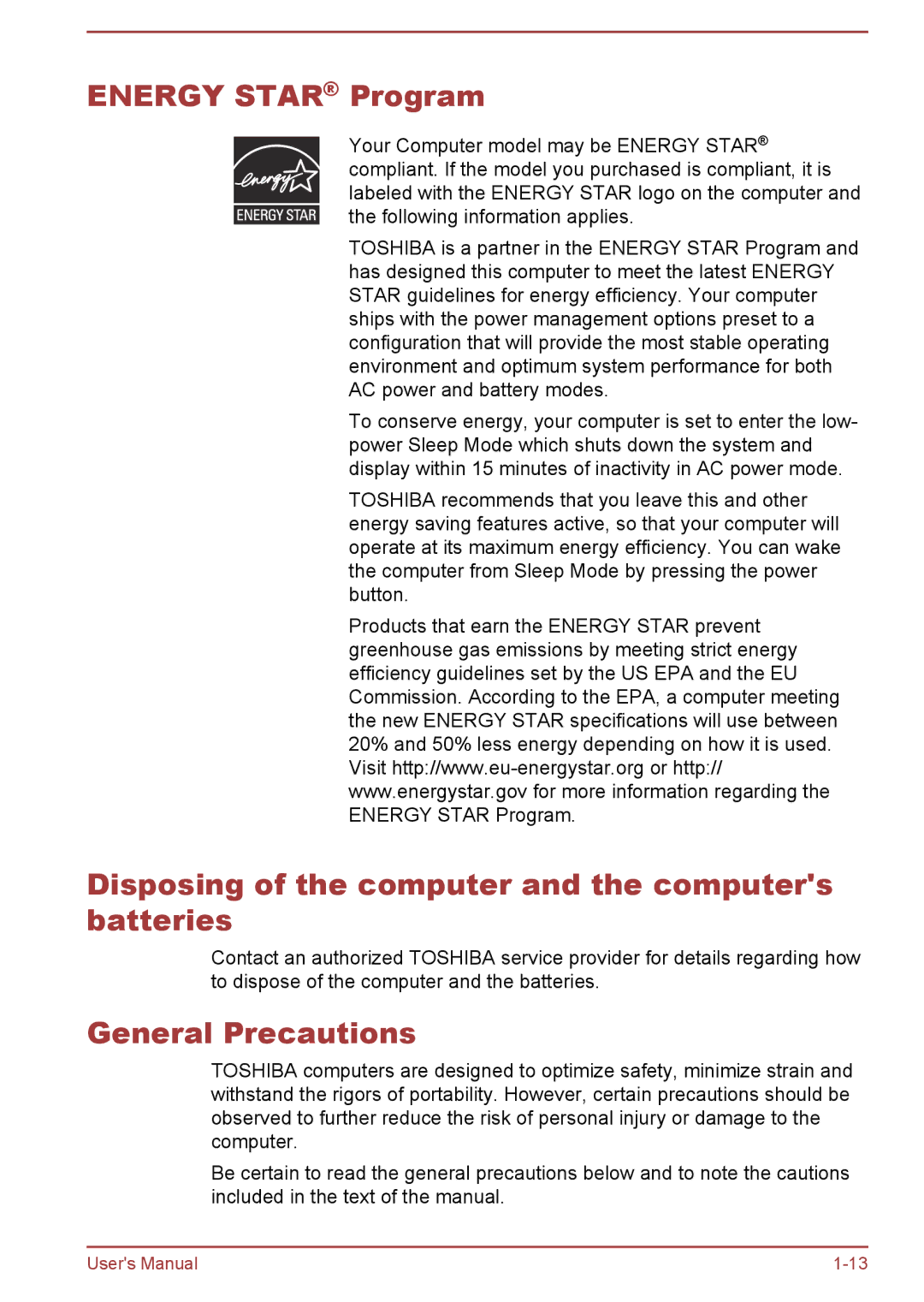 Toshiba Satellite Pro NB10-A/NB10t-A user manual Energy Star Program, Disposing of the computer and the computers batteries 