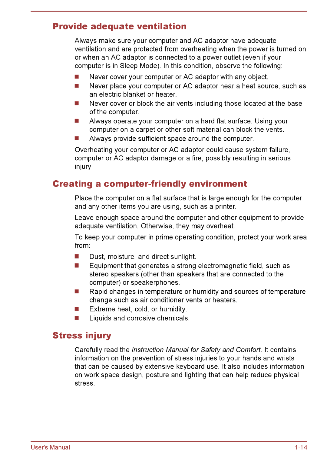 Toshiba satellite NB10-A/NB10t-A Provide adequate ventilation, Creating a computer-friendly environment, Stress injury 