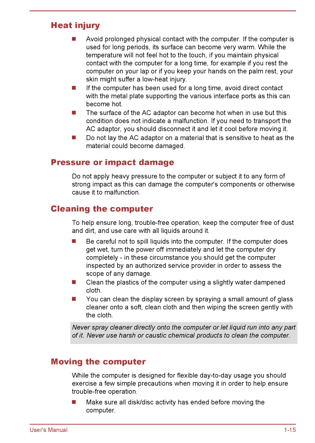 Toshiba Satellite Pro NB10-A/NB10t-A Heat injury, Pressure or impact damage, Cleaning the computer, Moving the computer 