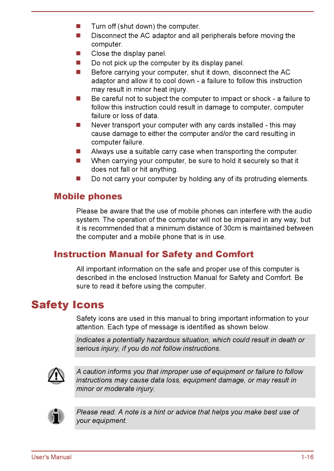 Toshiba satellite NB10-A/NB10t-A, Satellite Pro NB10-A/NB10t-A user manual Safety Icons, Mobile phones 