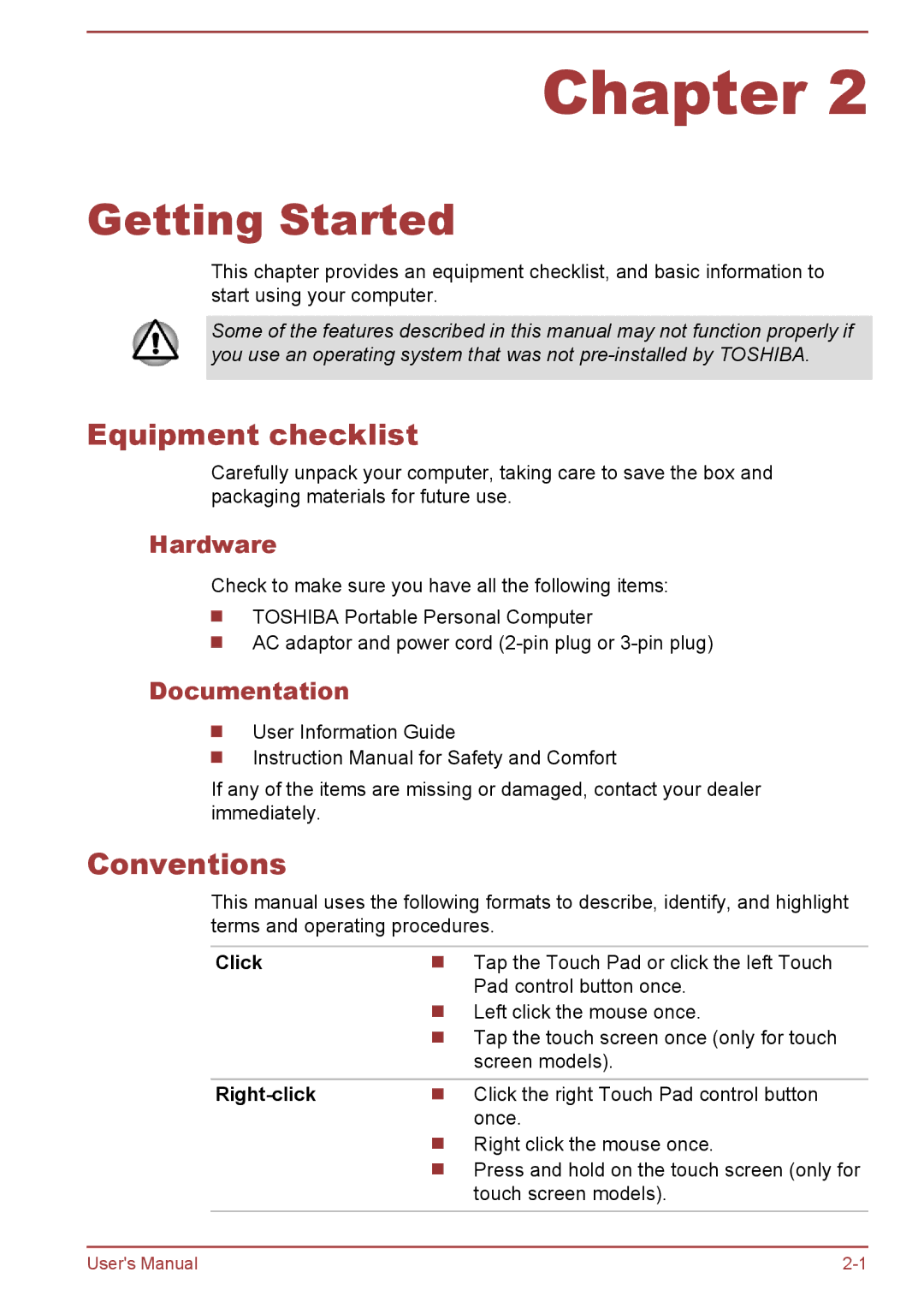 Toshiba Satellite Pro NB10-A/NB10t-A, satellite NB10-A/NB10t-A Equipment checklist, Conventions, Hardware, Documentation 