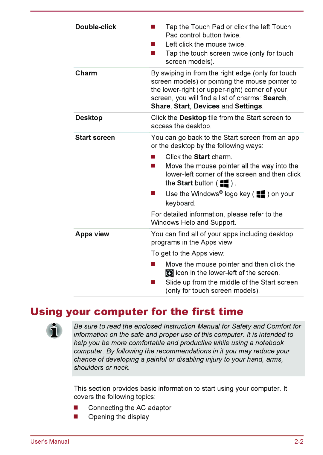 Toshiba satellite NB10-A/NB10t-A, Satellite Pro NB10-A/NB10t-A user manual Using your computer for the first time 