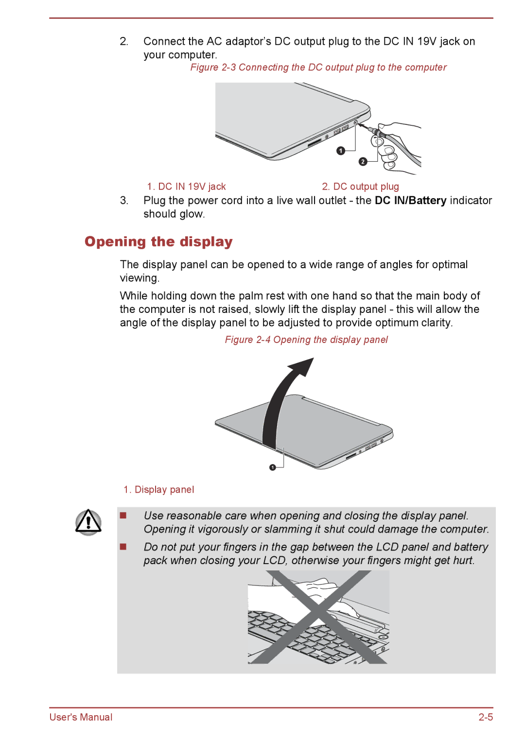 Toshiba Satellite Pro NB10-A/NB10t-A user manual Opening the display, Connecting the DC output plug to the computer 