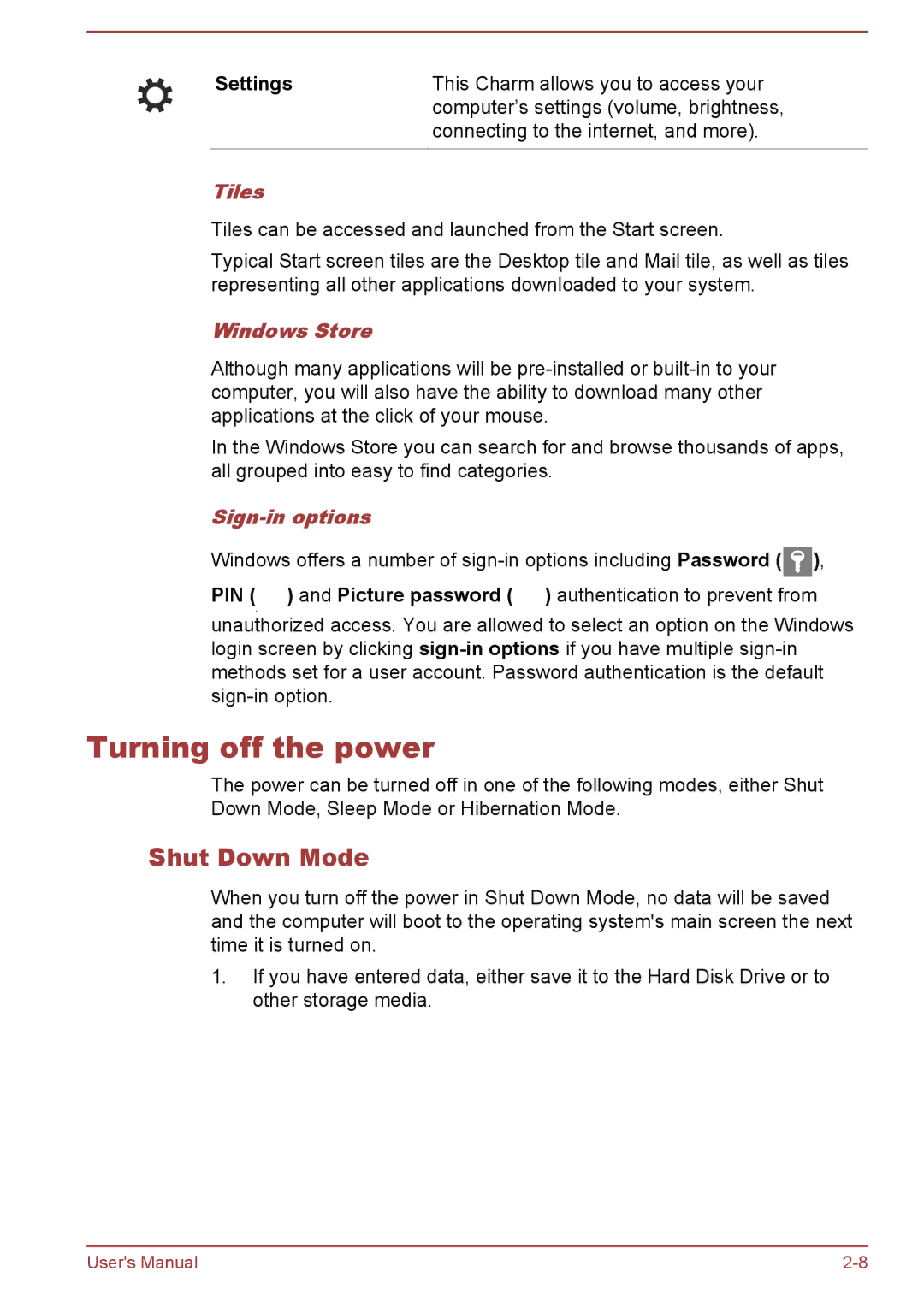 Toshiba satellite NB10-A/NB10t-A user manual Turning off the power, Shut Down Mode, Tiles, Windows Store, Sign-in options 