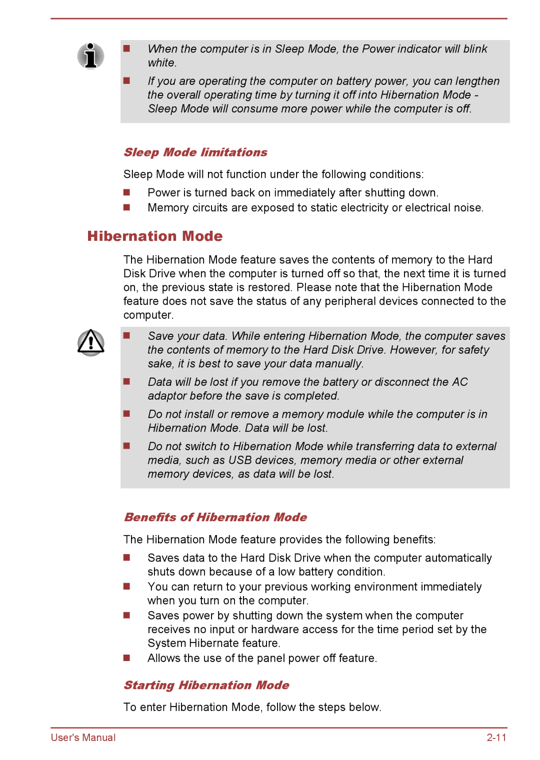 Toshiba Satellite Pro NB10-A/NB10t-A Sleep Mode limitations, Benefits of Hibernation Mode, Starting Hibernation Mode 