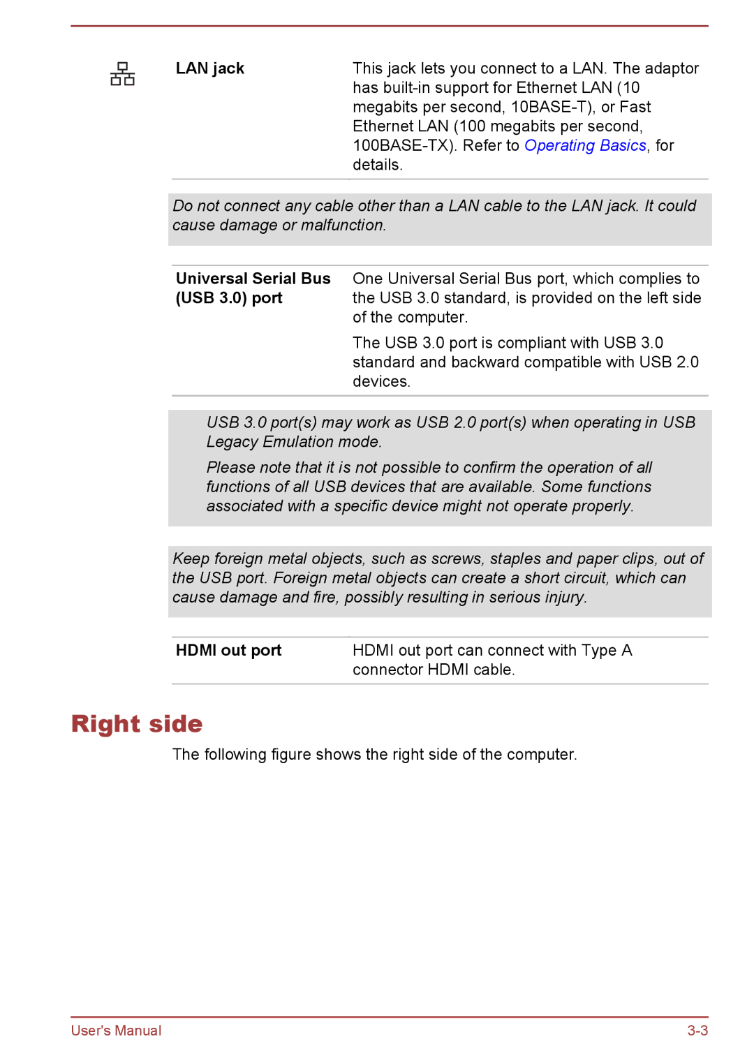 Toshiba Satellite Pro NB10-A/NB10t-A, satellite NB10-A/NB10t-A user manual Right side, LAN jack, Hdmi out port 