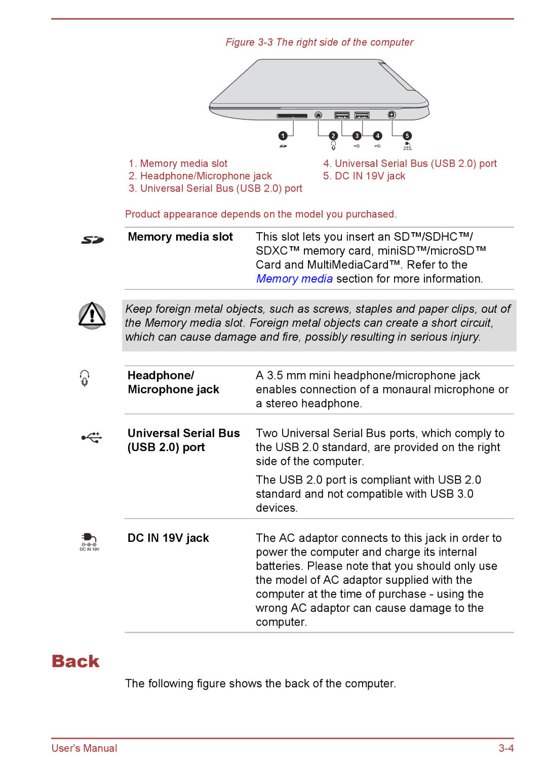 Toshiba satellite NB10-A/NB10t-A, Satellite Pro NB10-A/NB10t-A user manual Back 