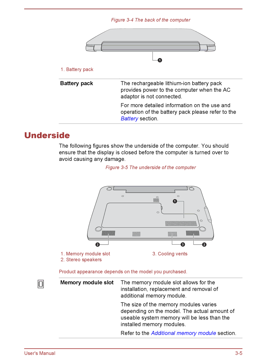 Toshiba Satellite Pro NB10-A/NB10t-A, satellite NB10-A/NB10t-A user manual Underside, Battery pack 