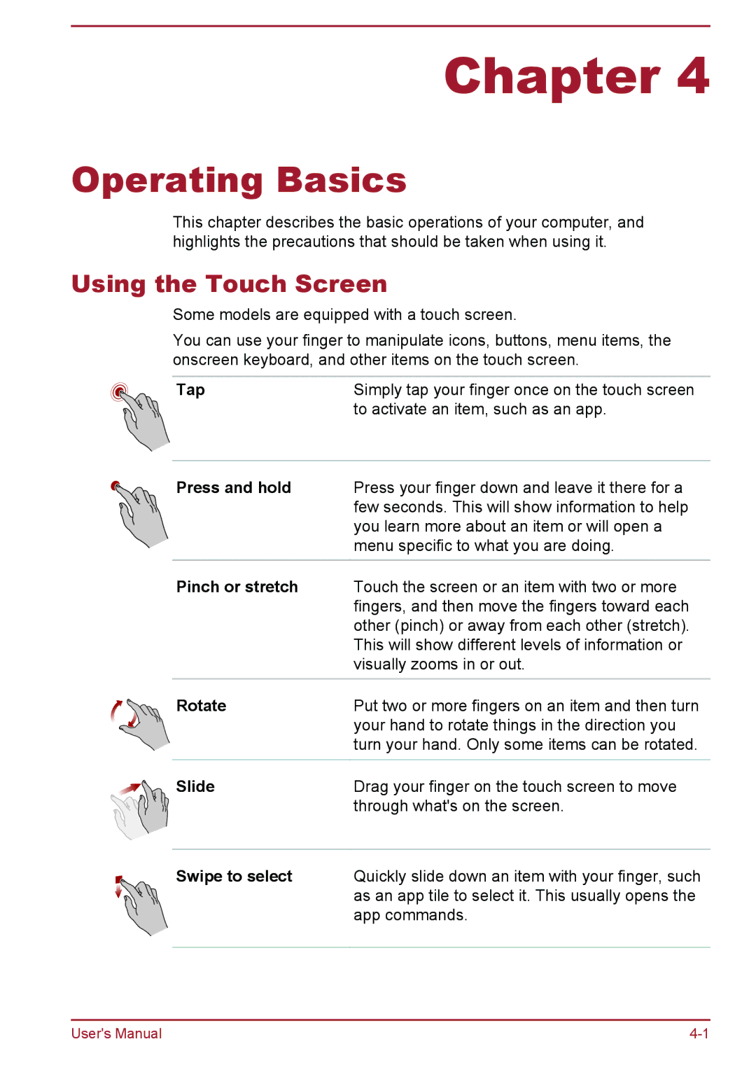 Toshiba satellite NB10-A/NB10t-A, Satellite Pro NB10-A/NB10t-A user manual Using the Touch Screen 