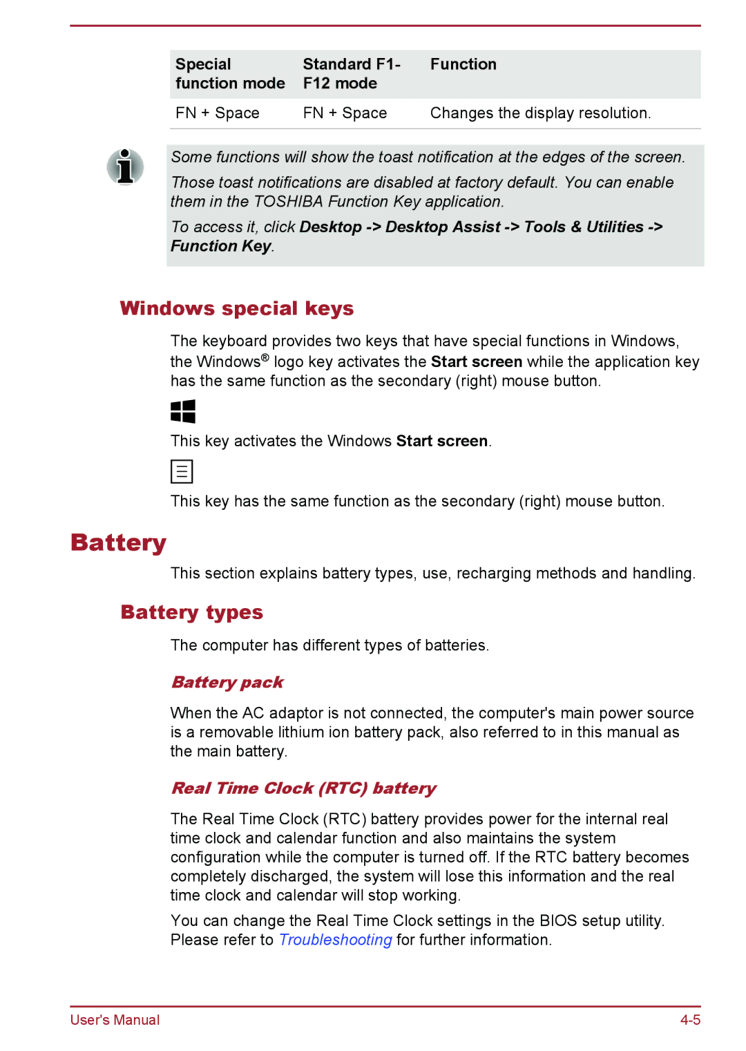 Toshiba satellite NB10-A/NB10t-A Windows special keys, Battery types, Battery pack, Real Time Clock RTC battery 