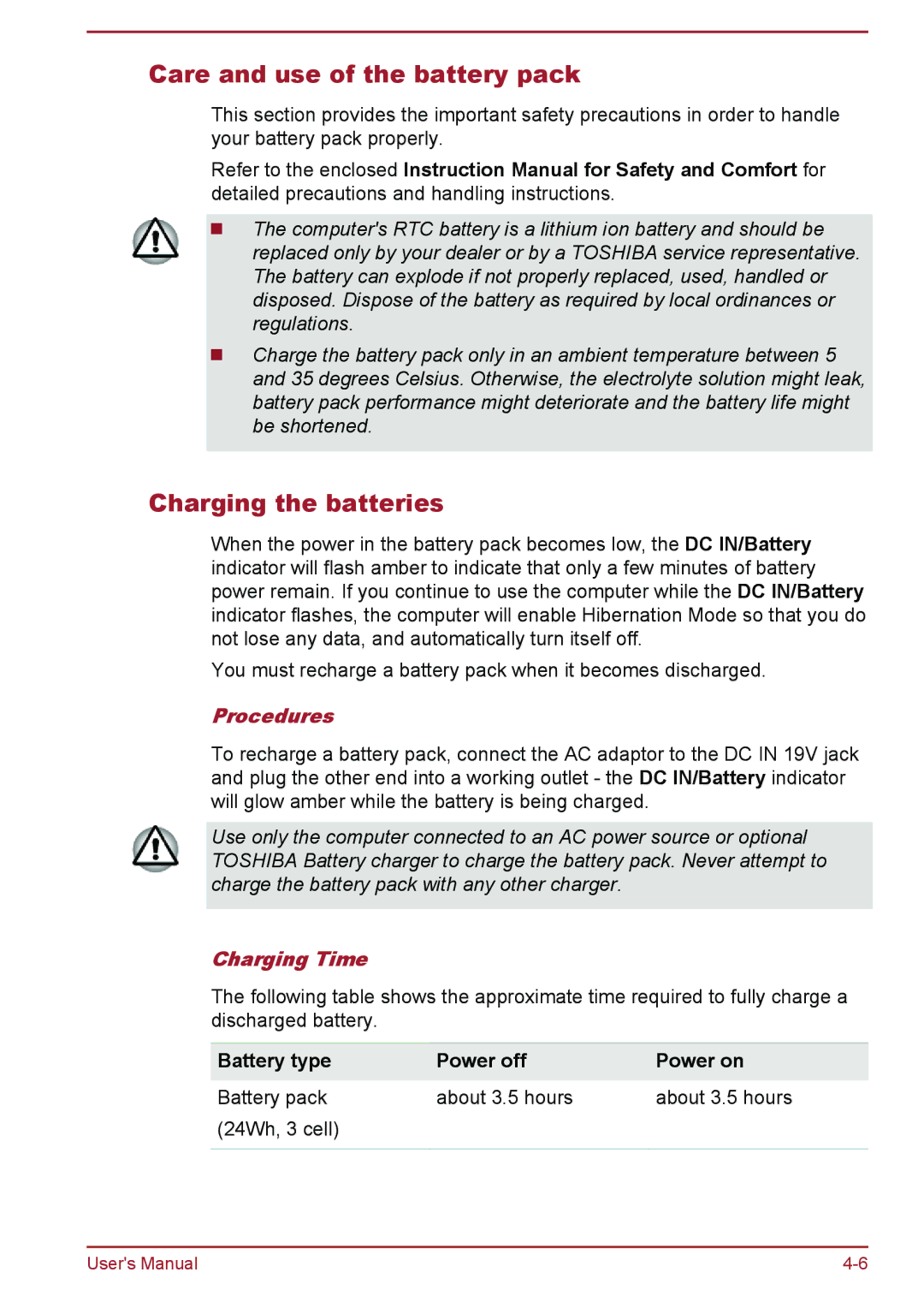 Toshiba Satellite Pro NB10-A/NB10t-A Care and use of the battery pack, Charging the batteries, Procedures, Charging Time 