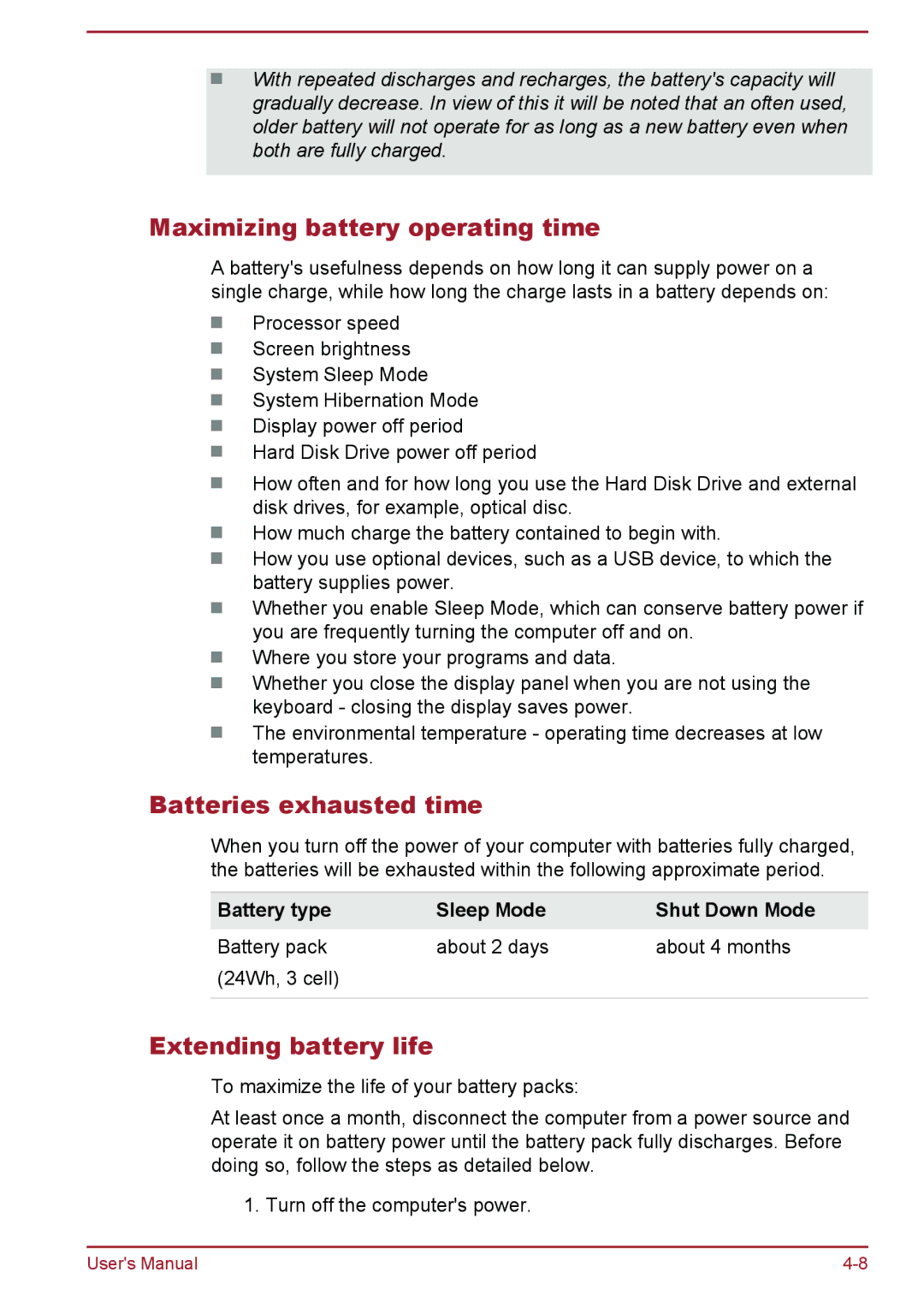 Toshiba Satellite Pro NB10-A/NB10t-A Maximizing battery operating time, Batteries exhausted time, Extending battery life 