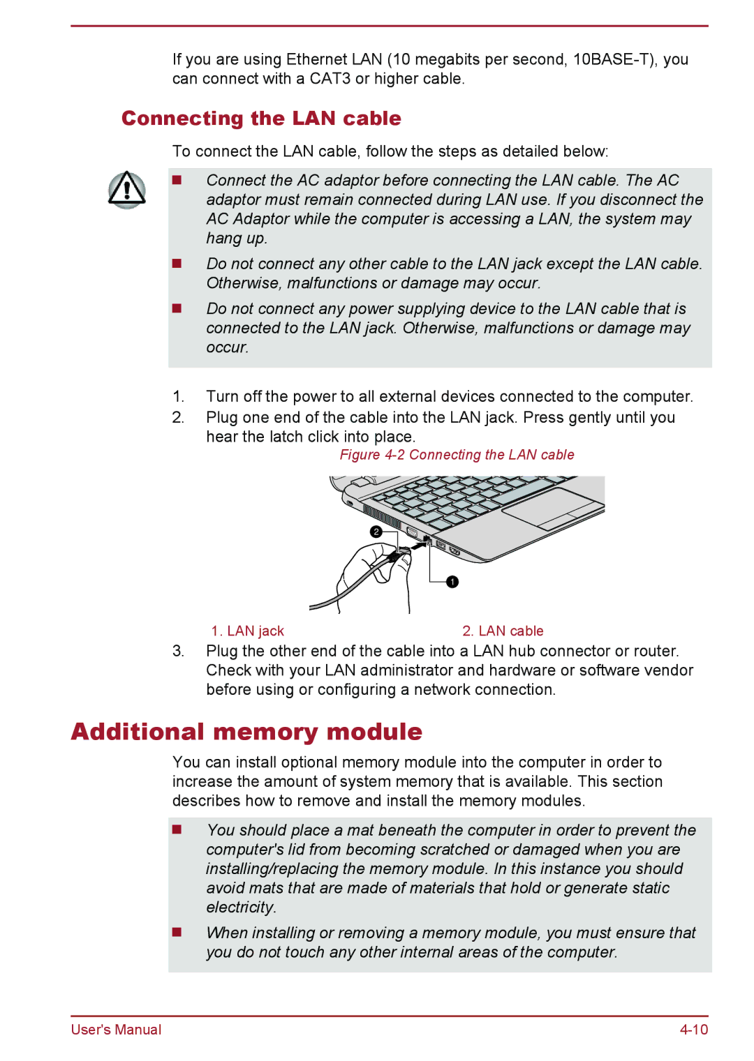 Toshiba Satellite Pro NB10-A/NB10t-A, satellite NB10-A/NB10t-A Additional memory module, Connecting the LAN cable 