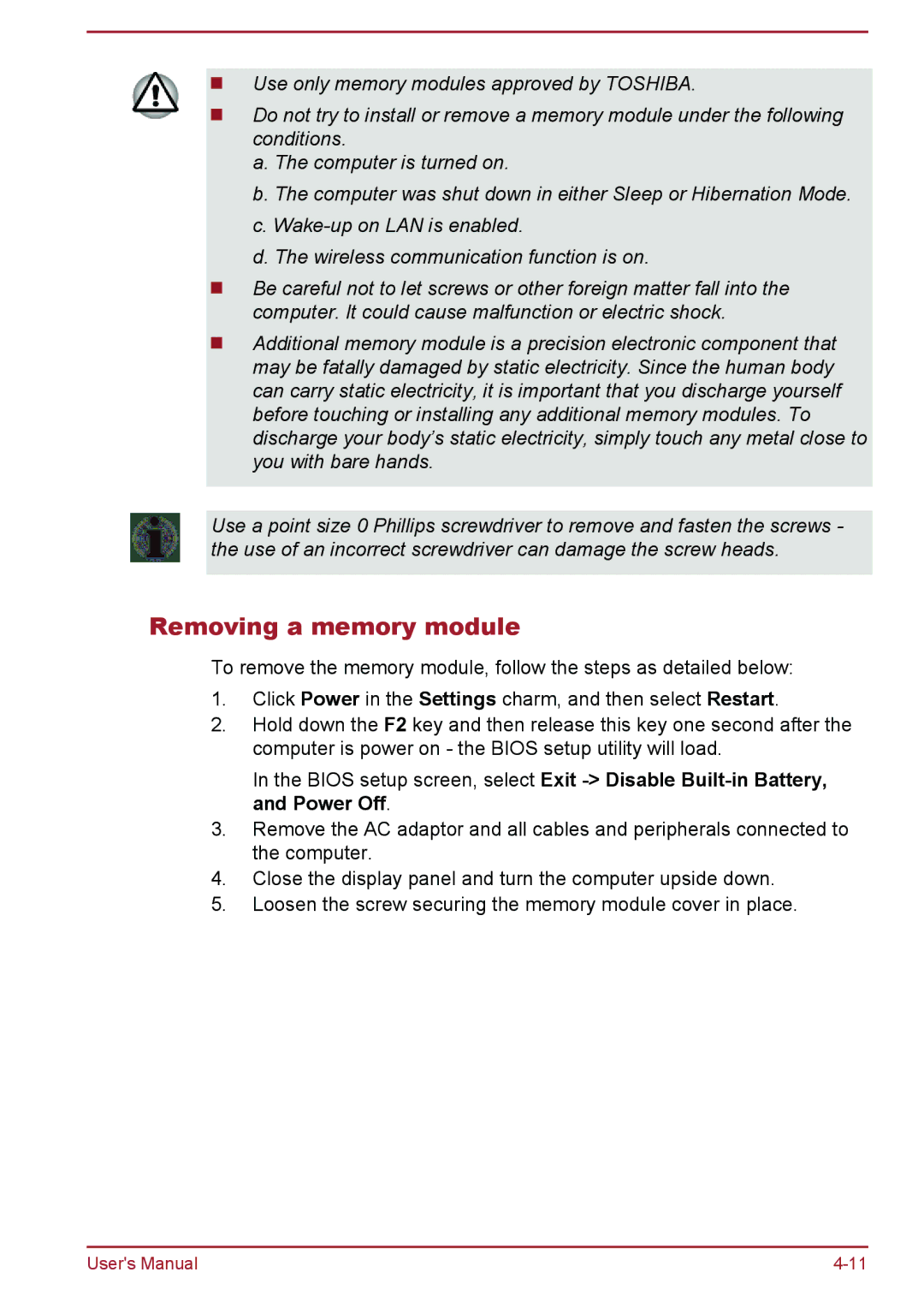 Toshiba satellite NB10-A/NB10t-A, Satellite Pro NB10-A/NB10t-A user manual Removing a memory module 