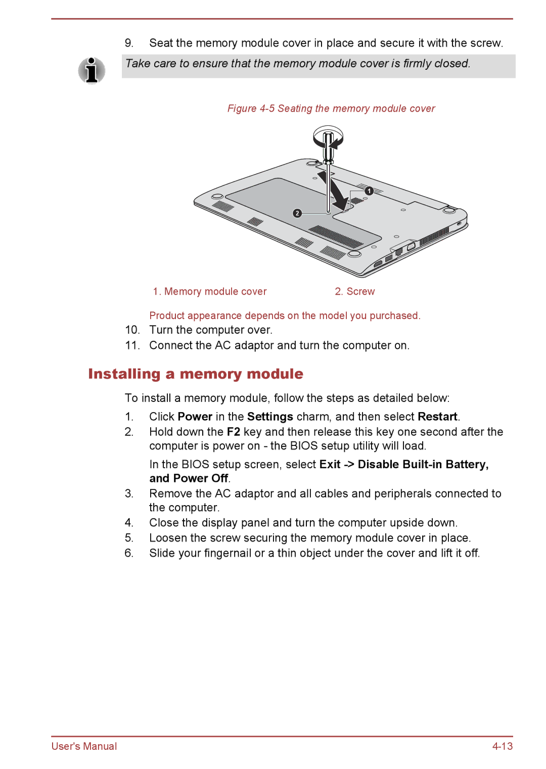 Toshiba satellite NB10-A/NB10t-A, Satellite Pro NB10-A/NB10t-A Installing a memory module, Seating the memory module cover 