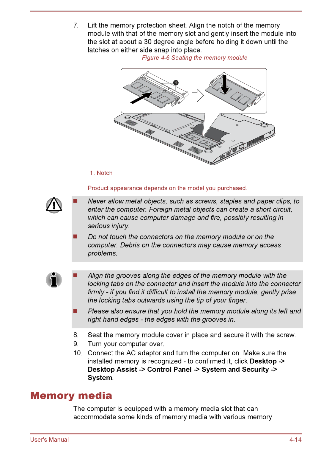 Toshiba Satellite Pro NB10-A/NB10t-A user manual Memory media, Desktop Assist Control Panel System and Security System 