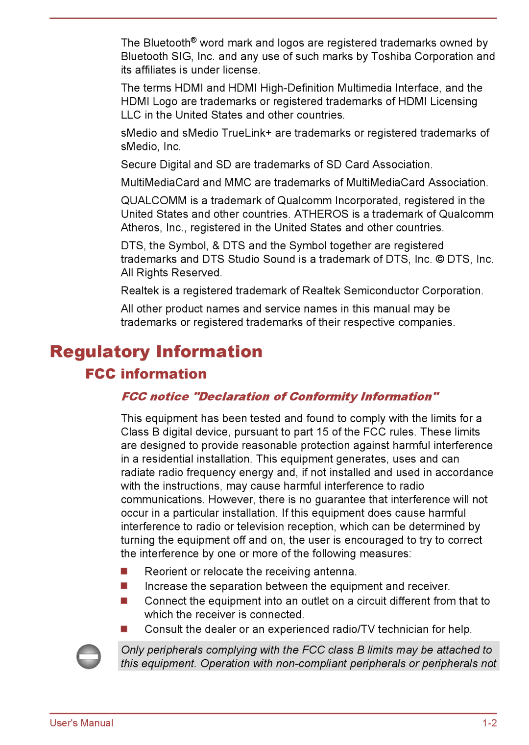 Toshiba satellite NB10-A/NB10t-A Regulatory Information, FCC information, FCC notice Declaration of Conformity Information 