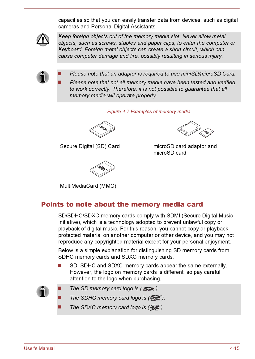 Toshiba satellite NB10-A/NB10t-A user manual Points to note about the memory media card, Examples of memory media 