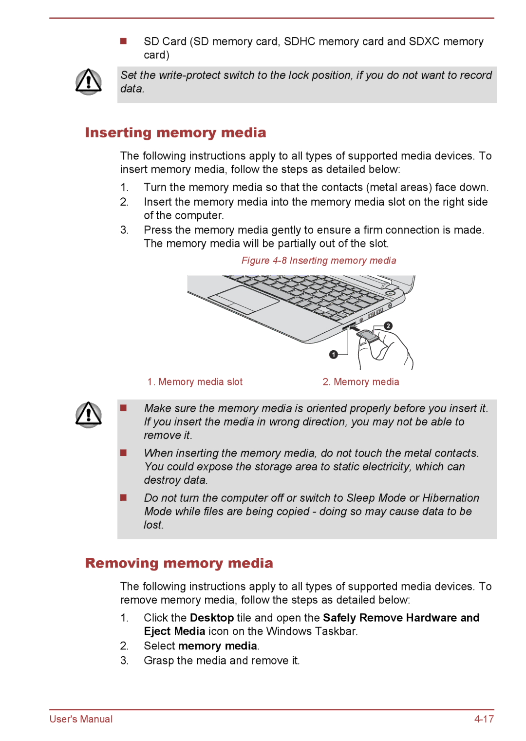 Toshiba satellite NB10-A/NB10t-A, Satellite Pro NB10-A/NB10t-A user manual Inserting memory media, Removing memory media 