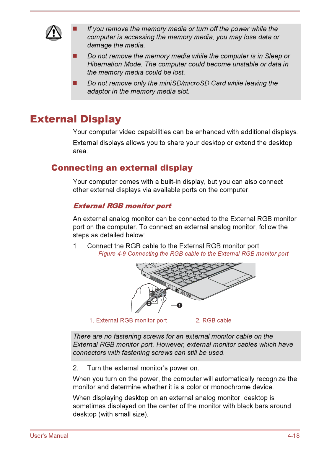 Toshiba Satellite Pro NB10-A/NB10t-A External Display, Connecting an external display, External RGB monitor port 