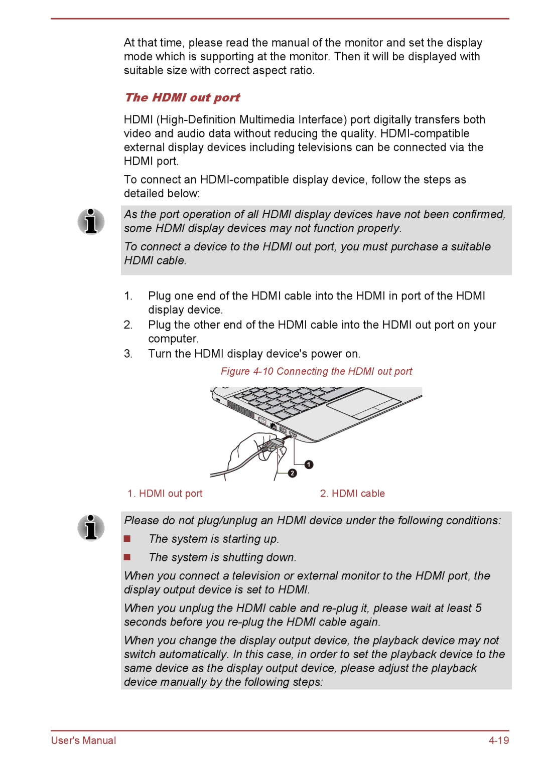 Toshiba satellite NB10-A/NB10t-A, Satellite Pro NB10-A/NB10t-A user manual Connecting the Hdmi out port 