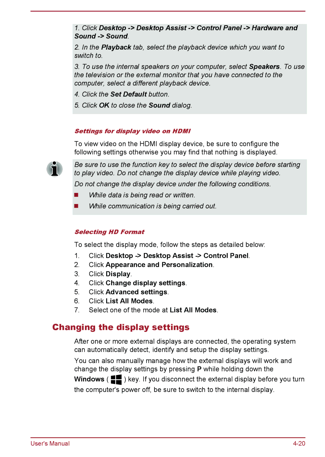 Toshiba Satellite Pro NB10-A/NB10t-A user manual Changing the display settings, Settings for display video on Hdmi 