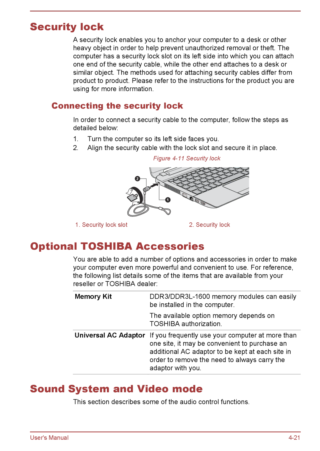 Toshiba satellite NB10-A/NB10t-A Security lock, Optional Toshiba Accessories, Sound System and Video mode, Memory Kit 