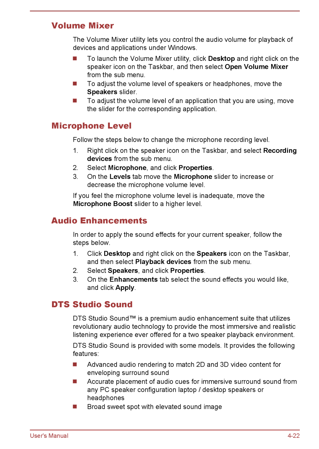 Toshiba Satellite Pro NB10-A/NB10t-A user manual Volume Mixer, Microphone Level, Audio Enhancements, DTS Studio Sound 