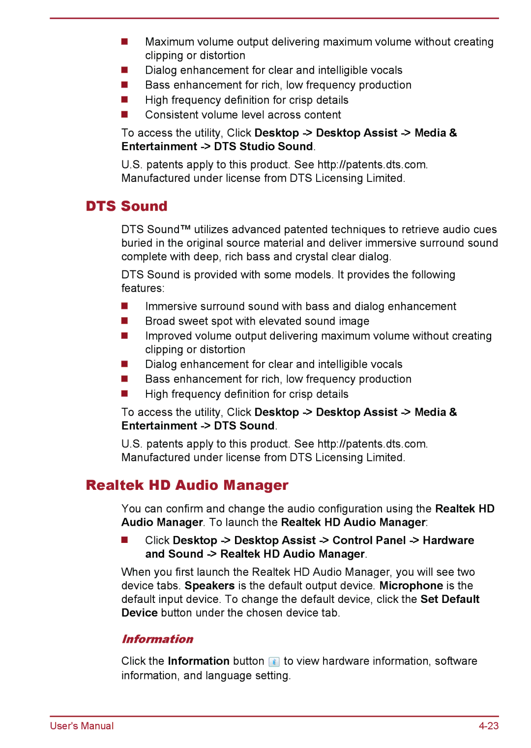 Toshiba satellite NB10-A/NB10t-A, Satellite Pro NB10-A/NB10t-A user manual DTS Sound, Realtek HD Audio Manager, Information 