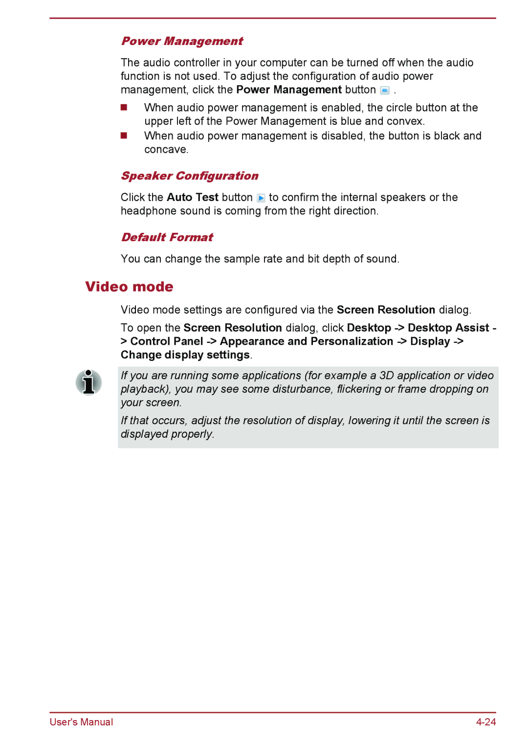 Toshiba Satellite Pro NB10-A/NB10t-A user manual Video mode, Power Management, Speaker Configuration, Default Format 