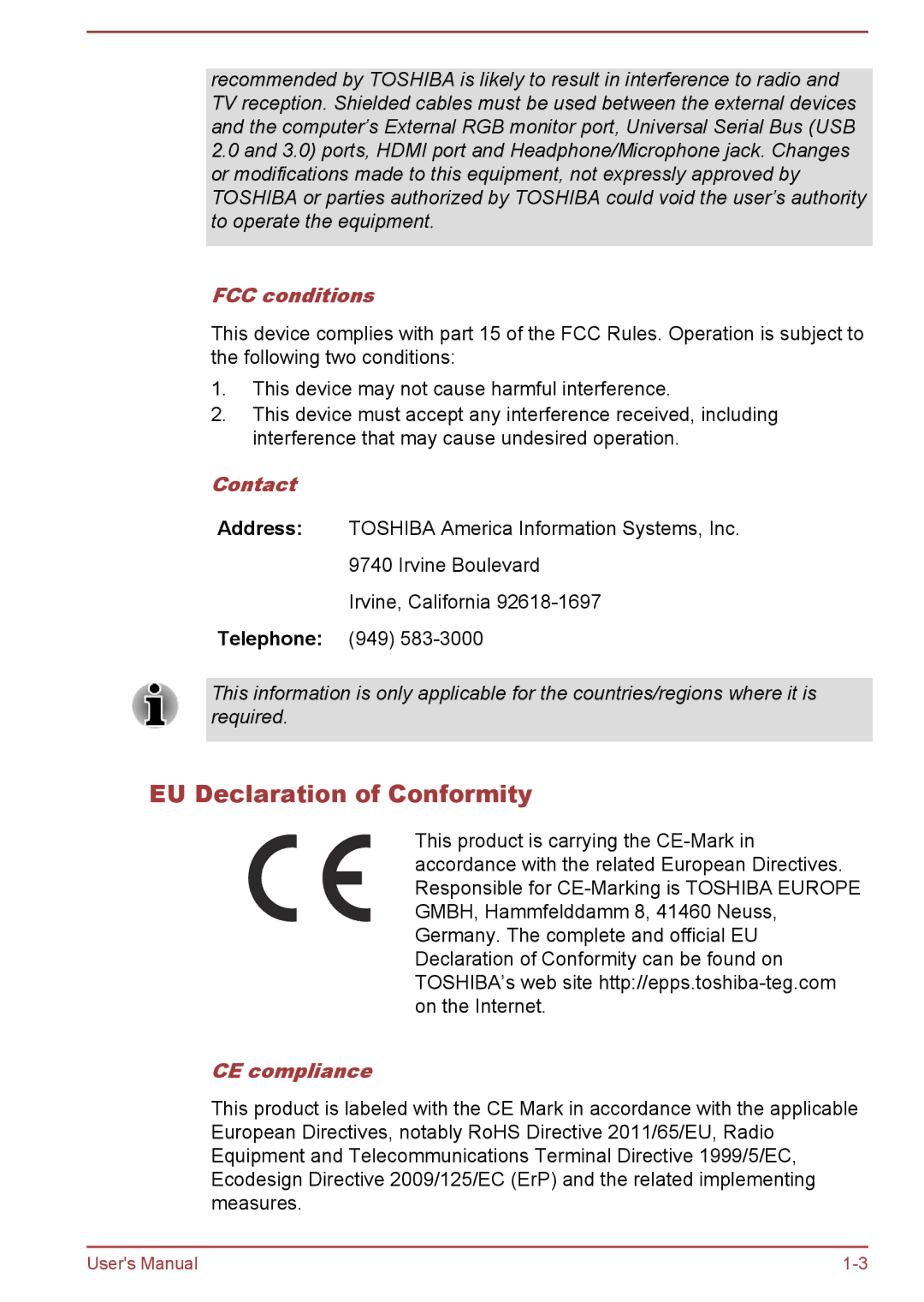 Toshiba Satellite Pro NB10-A/NB10t-A user manual EU Declaration of Conformity, FCC conditions, Contact, CE compliance 