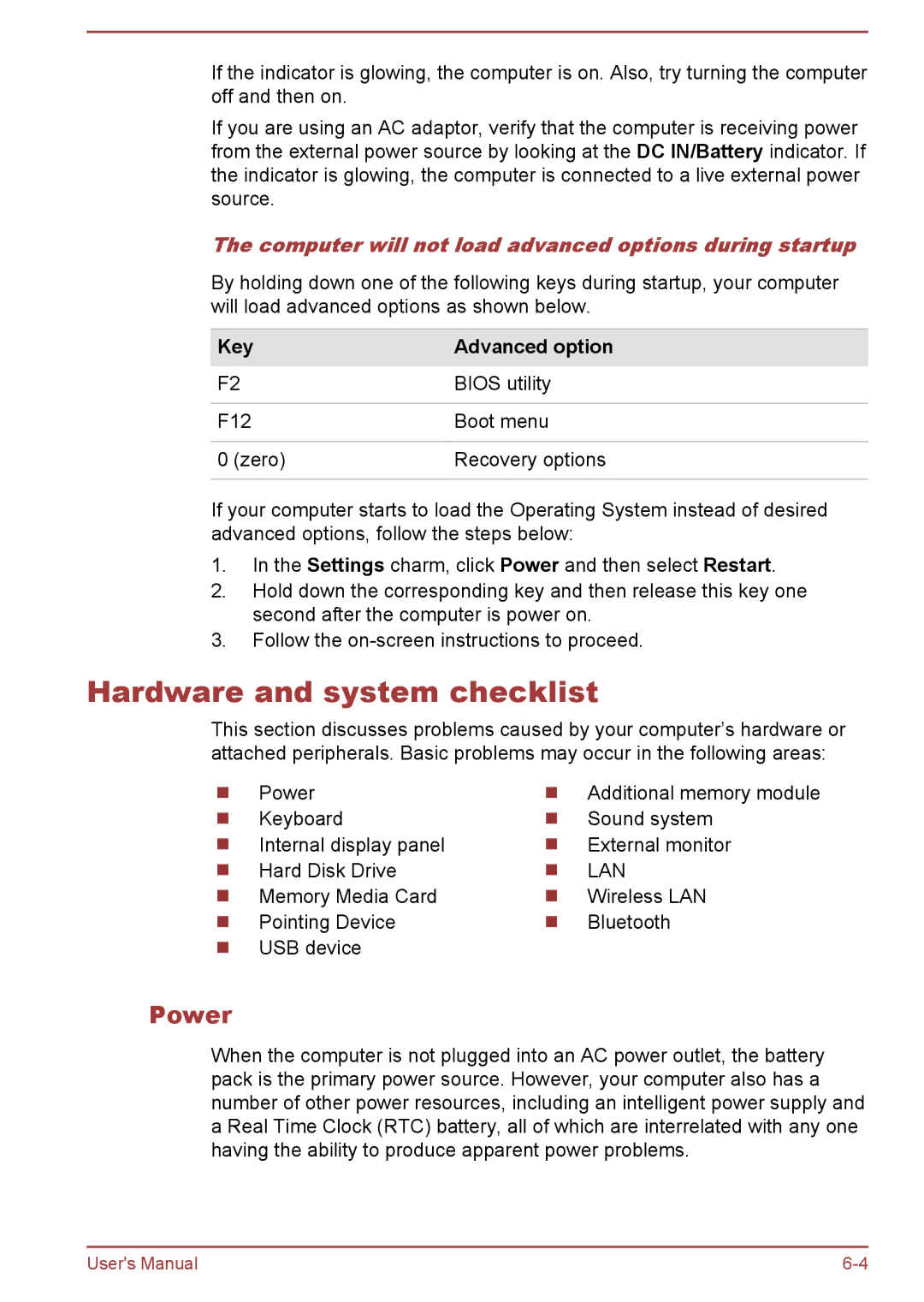 Toshiba Satellite Pro NB10-A/NB10t-A, satellite NB10-A/NB10t-A Hardware and system checklist, Power, Key Advanced option 