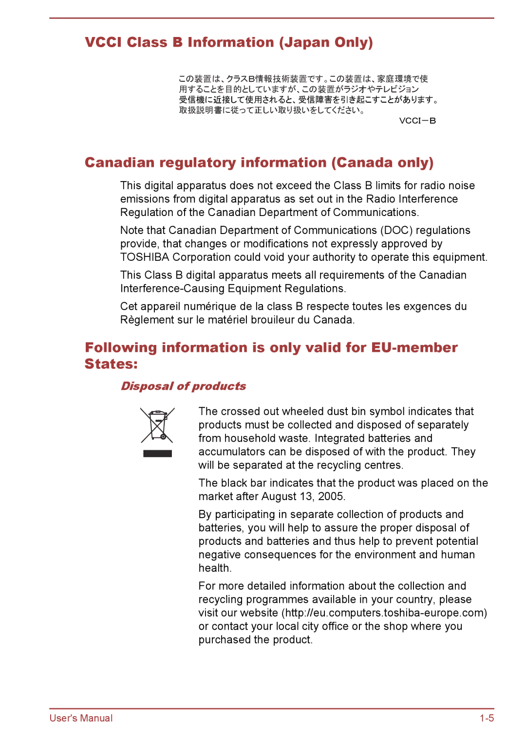 Toshiba Satellite Pro NB10-A/NB10t-A Vcci Class B Information Japan Only, Canadian regulatory information Canada only 