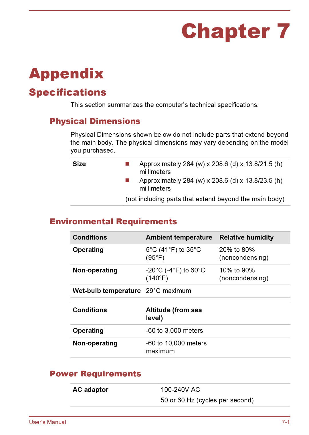 Toshiba satellite NB10-A/NB10t-A Specifications, Physical Dimensions, Environmental Requirements, Power Requirements 