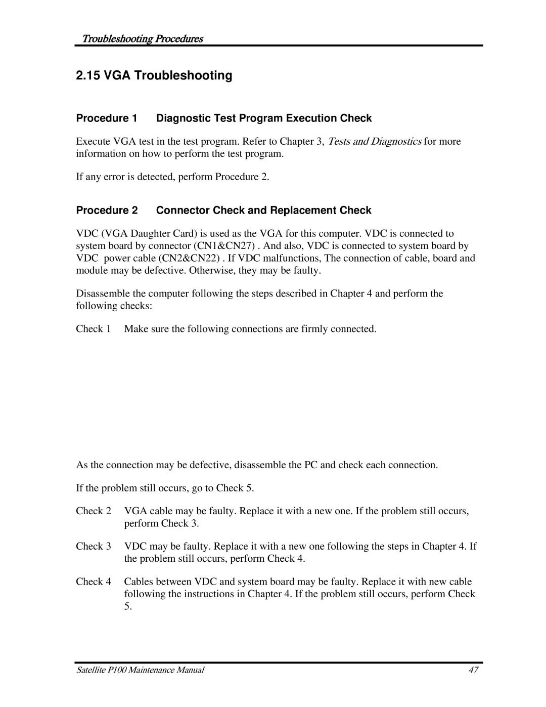 Toshiba satellite p100 manual VGA Troubleshooting, Procedure 1 Diagnostic Test Program Execution Check 
