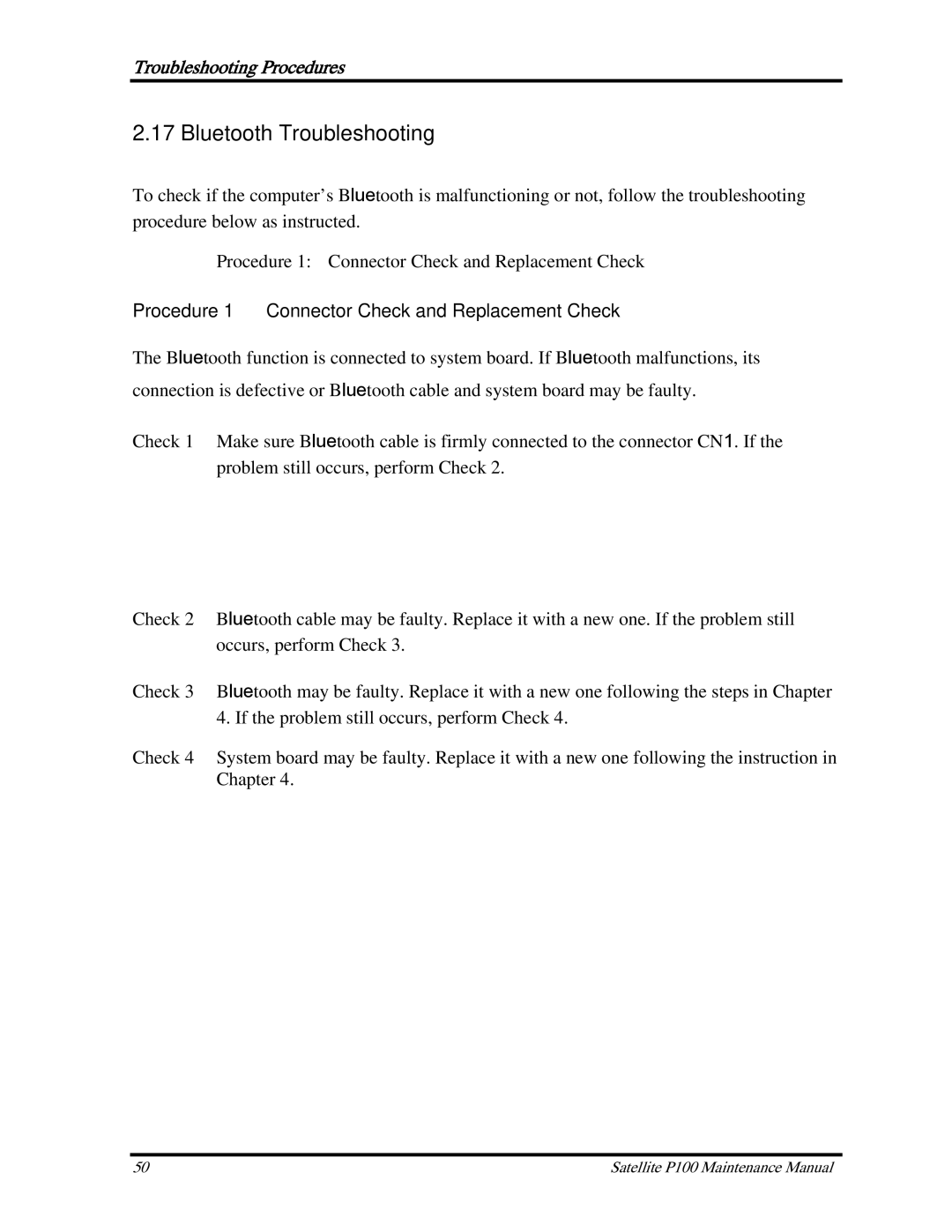 Toshiba satellite p100 manual Bluetooth Troubleshooting, Procedure 1 Connector Check and Replacement Check 