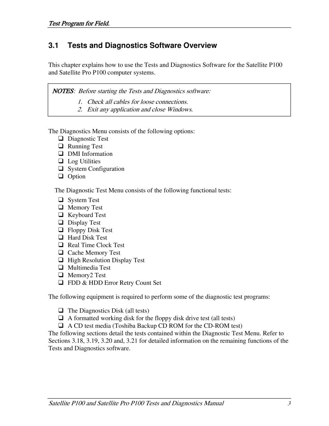 Toshiba satellite p100 manual Tests and Diagnostics Software Overview 